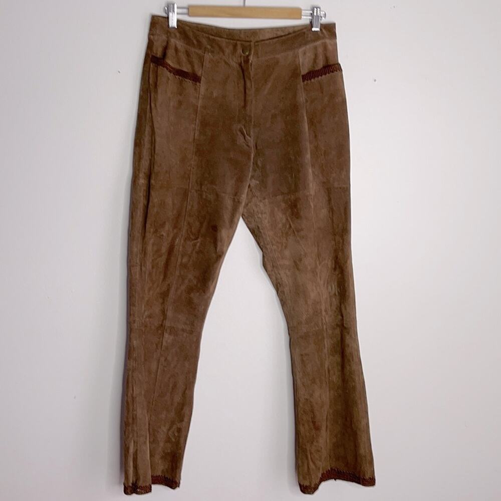 Vintage 90’s boho festival crochet hem hi rise leather flare pants sz 10